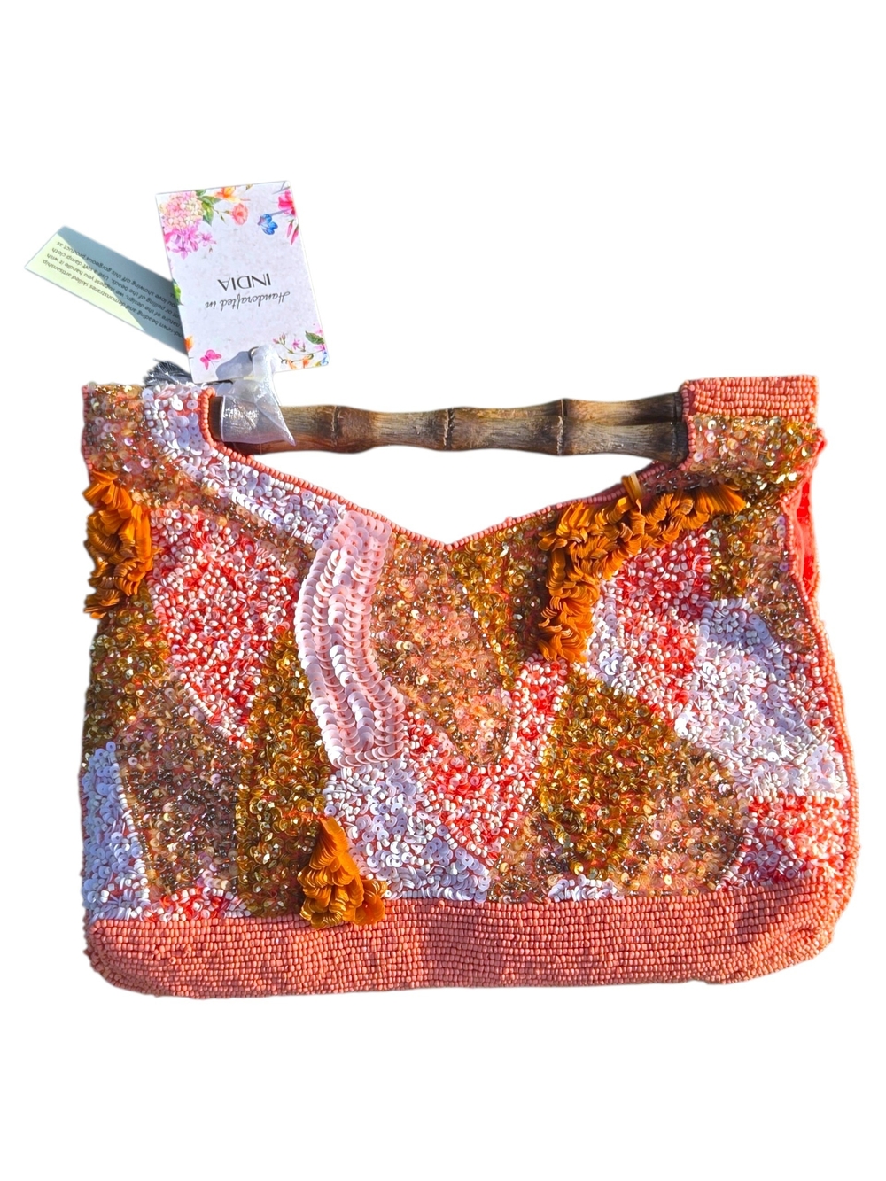 🧡 Viral Handmade Beaded Boho Clutch- Coral Pink & Bronze with Bamboo Handle